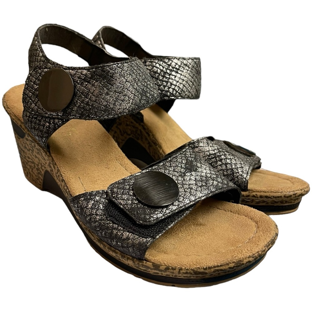 RIEKER Remonte Sandals antistress snake embossed metallic Wedge Sz 38/7.5-8